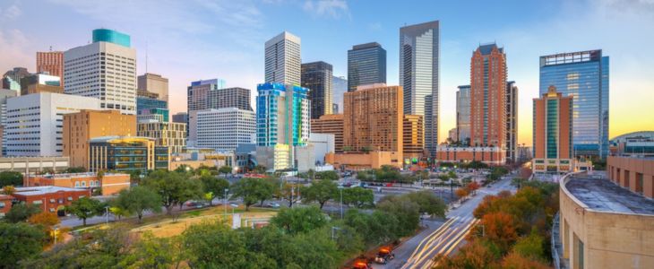 Houston Texas skyline at sunset