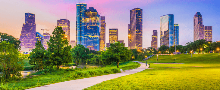 the houston skyline at dusk