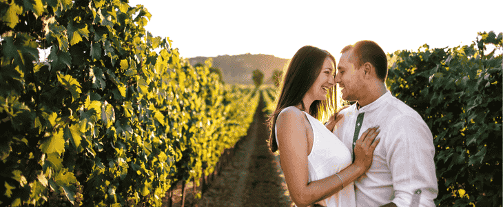 a bride and a groom in a vineyard